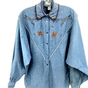 Vintage Women’s 8 Blue Chambray Embellished Indian Bohemian Tribal Shirt
